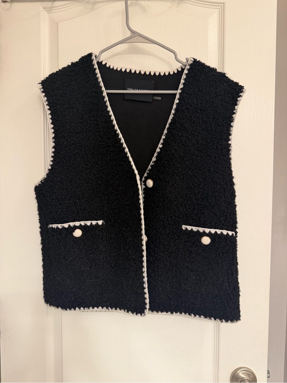 English Factory Black Bouclé Sleeveless Vest with White Trim
